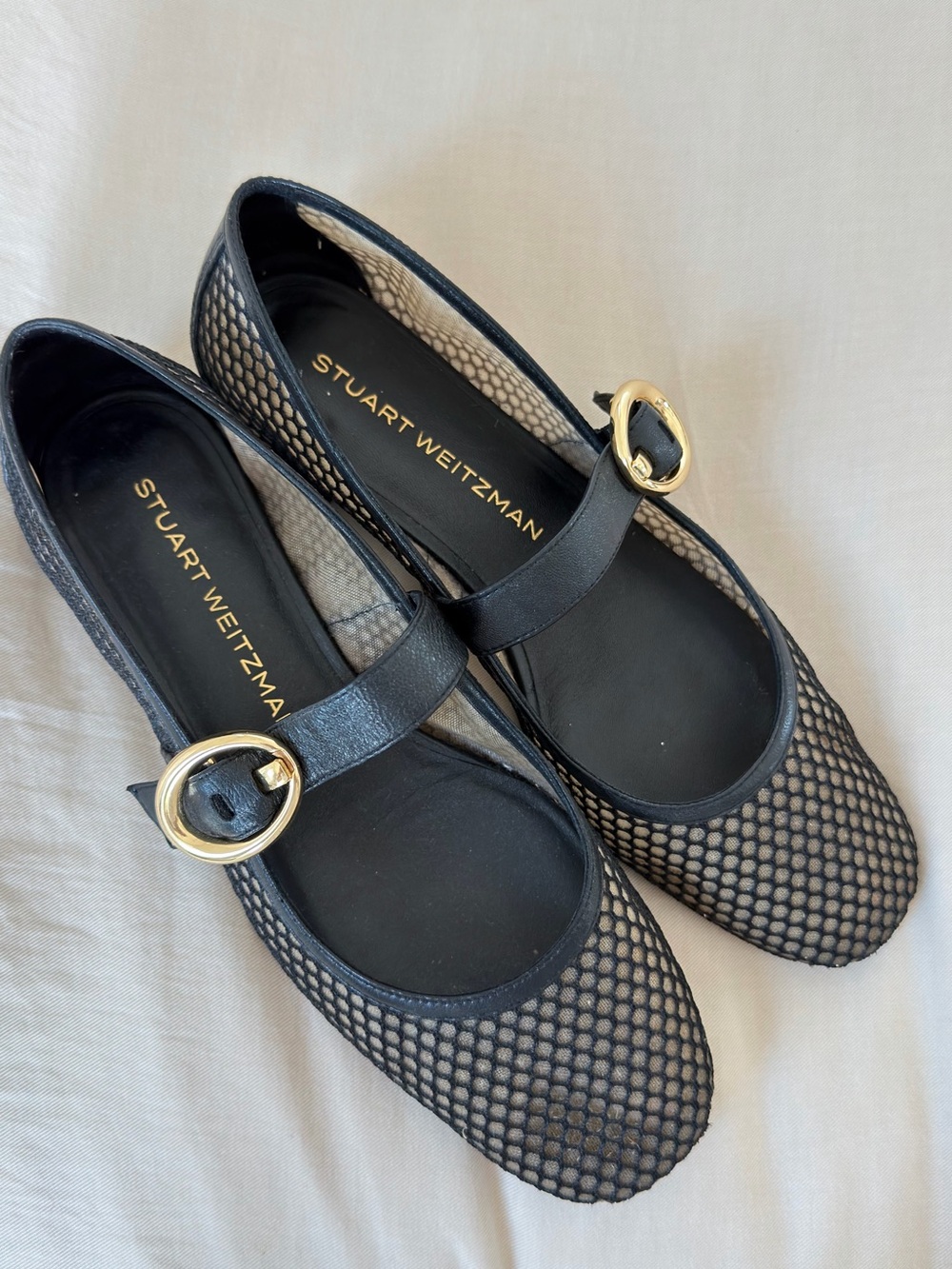 Stuart Weitzman Black Mesh Mary Jane Flats with Gold Buckles
